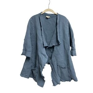Focus Lagenlook Blue Waffle Knit Drape Open Front 100% Cotton Cardigan L